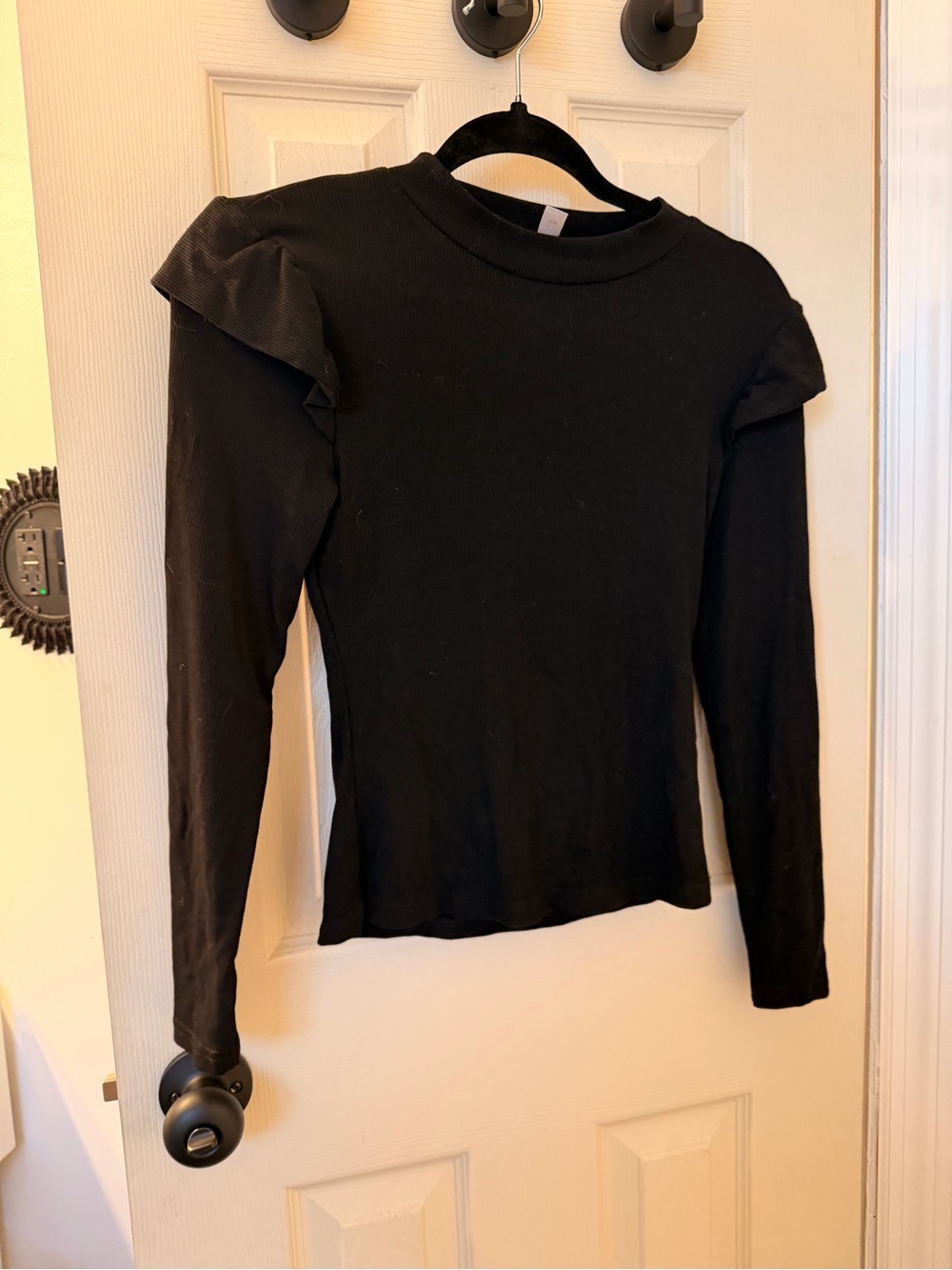 Black Long-Sleeve Ruffled Shoulder Women's Top
